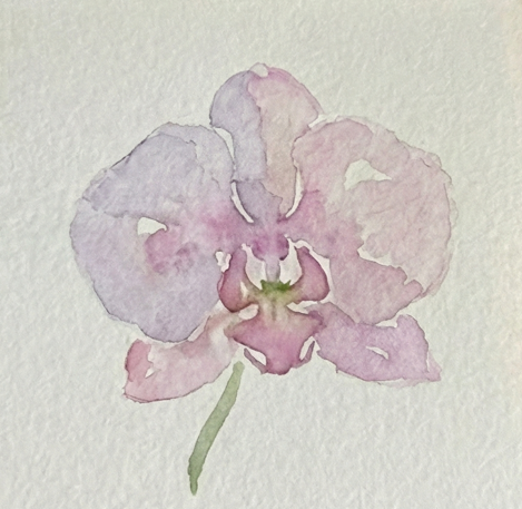 The finished expressive orchid watercolor painting, featuring soft, blended gradients on the petals contrasted with crisp, dark details in the very center.