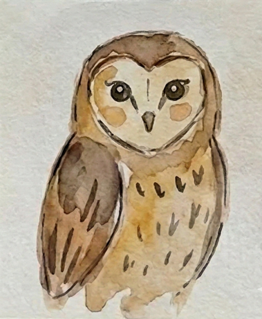 A completed, expressive owl watercolor painting featuring darker brown feather marks on the chest and wings, defined eyes with vital highlights, and beak details on textured sketchbook paper.