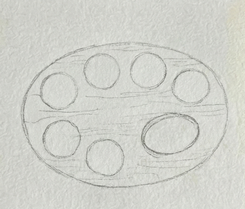 A pencil sketch on textured paper, outlining an oval wooden artist's palette with six circular wells for paint and an oval thumbhole.