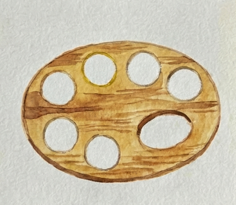 Watercolor paint has been applied to the sketch, filling in the wooden area with a light brown, textured wood grain, leaving the paint wells and thumbhole white.