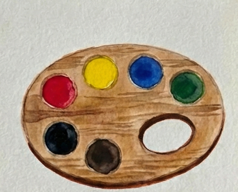 The final painting stage where darker brown watercolor shading has been added around the edges of the palette and inside the thumbhole to create depth and realism.