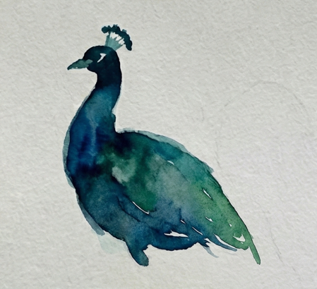 Step 2 adding the folded wing in Viridian Green while the body is damp, creating a soft wet-in-wet blend characteristic of loose watercolor techniques.