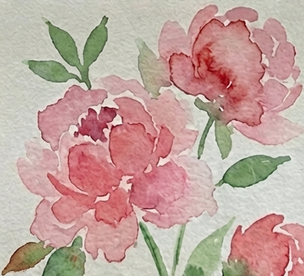 Step 4 finishing the expressive watercolor paintings of peonies with simple sap green leaves framing the pink blooms using one-stroke brush techniques.