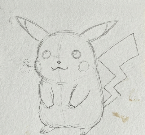Step 1 showing a light, loose pencil sketch of Pikachu's jellybean-shaped body, pointed ears, and lightning bolt tail on textured watercolor paper.