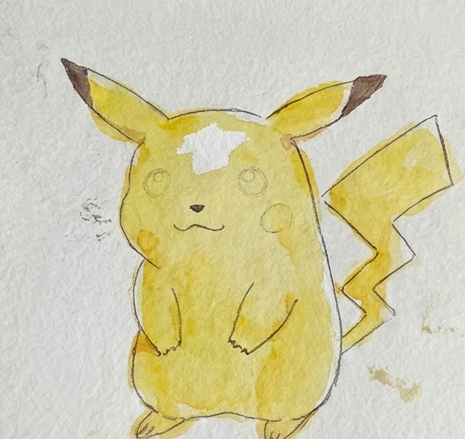 Step 2 applying the initial bright yellow wash over the body, intentionally leaving a rough patch of dry white paper on the forehead to create a natural highlight.