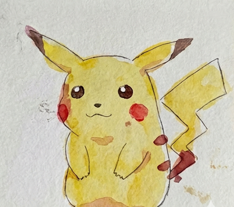 Final step completing the Pokémon watercolor painting with dark sepia eyes, a tiny nose, and a mouth, leaving microscopic white specks in the eyes for life.