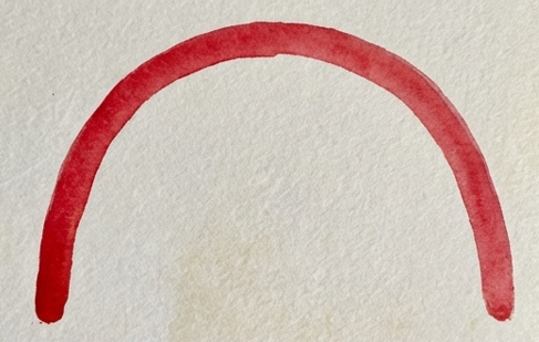 Step 1 of a rainbow watercolor painting showing a single, bold red arch painted wet-on-dry on textured paper.