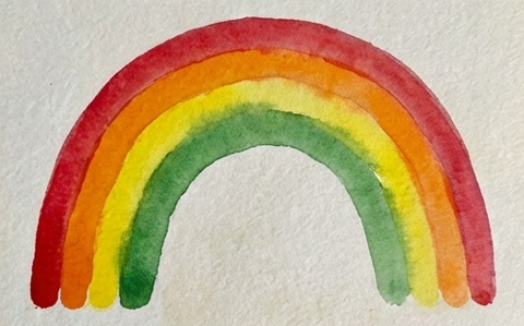 Step 4 continuing the rainbow watercolor painting with a lush green arch painted inside the yellow curve.
