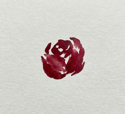 Step 1 of a loose watercolor rose painting, showing a tight central cluster of deep red brushstrokes on textured paper.