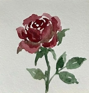 The finished expressive rose watercolor painting, featuring deep burgundy shadows in the petals and green leaves added to the stem for contrast.
