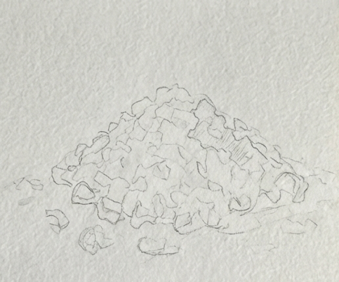 Step 1 of a salt watercolor painting showing a detailed pencil sketch of a pile of coarse salt crystals on textured paper, outlining the angular shapes and overall conical form.