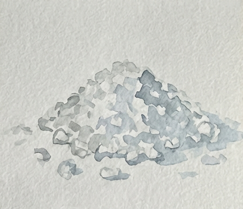 Step 2 applying a light, cool blue-grey watercolor wash over the sketch to establish the basic shape of the salt pile, leaving some areas white for highlights.