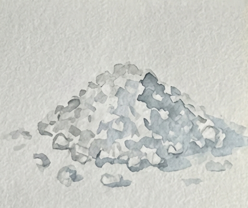 Step 3 darker grey watercolor is painted into the crevices and lower sections of the sketched crystals to create shadows and define the individual facets.