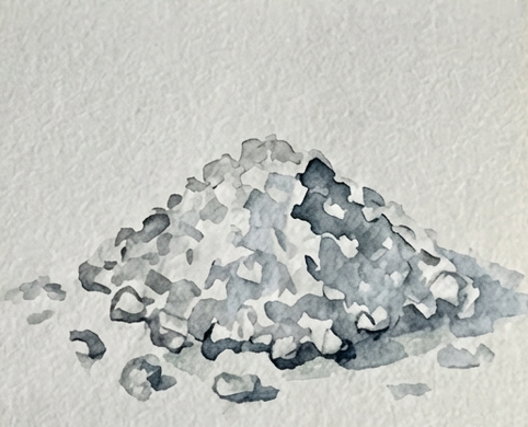 Final step with the darkest watercolor shadows added to the base and deepest recesses of the pile, giving the salt crystals significant depth and realism.