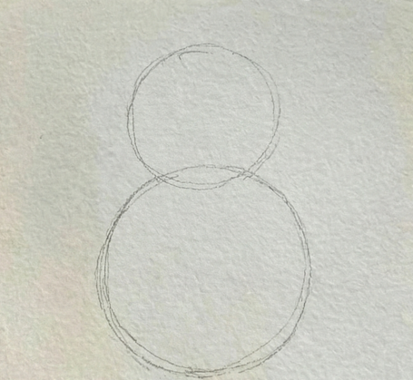 A faint, loose pencil sketch of a snowman on textured paper, showing two stacked circles, a larger body and a smaller head, without any heavy details.