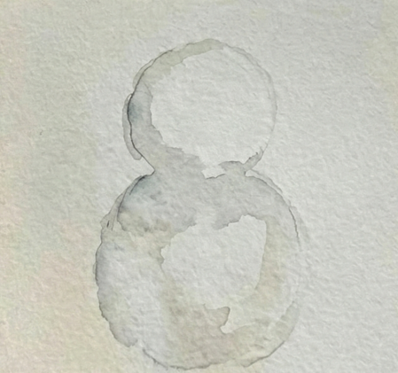 A pale, watery wash of Payne's Gray applied to the snowman shape. The paint is wet and uneven, pooling slightly at the edges to create natural shadow and form without solid outlines.