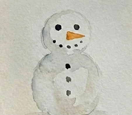 Step 3 of a snowman watercolor painting tutorial, adding shadow and detail to the snowman's form and accessories.
