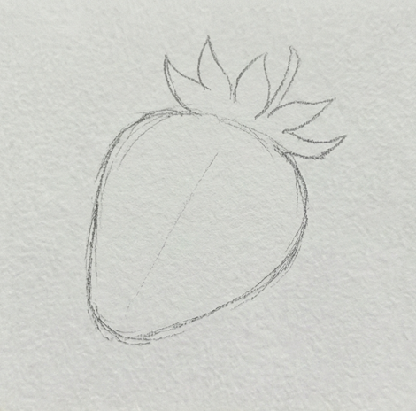 Step 1 of a strawberry watercolor painting showing a simple pencil sketch of a rounded "fat heart" shape with a loose, messy outline for the leafy crown.