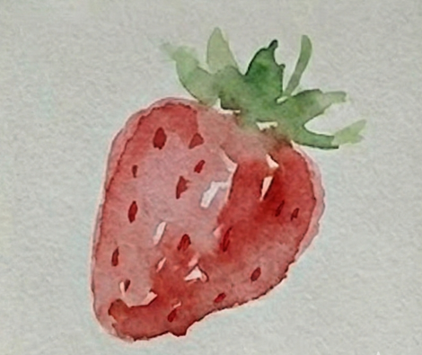 Final step completing the loose study by painting short, dark red dashes for seeds and adding a touch of brown shadow under the leaves for contrast.