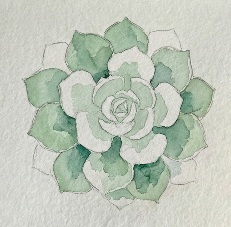 A pale green watercolor wash is applied to alternating leaves using the "skip-a-leaf" method, leaving every other leaf blank to prevent color bleeding.