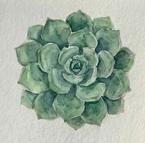 The final state of the watercolor succulent painting, with all layers dry, showing a complete green rosette with depth, gradients, and crisp edges from the layering technique.
