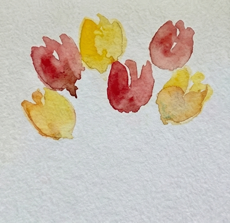 Step 1 of a loose watercolor tulip painting, showing bright red and yellow "U-shaped" petal washes with wet-on-wet color bleeding at the base.