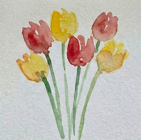 Step 2 adding fresh green watercolor stems to the floating blooms using single, confident strokes to connect the flower heads.