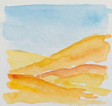 Step 2 painting rolling golden hills using Yellow Ochre and Burnt Sienna, layering warm earth tones to establish the mid-ground of the landscape.
