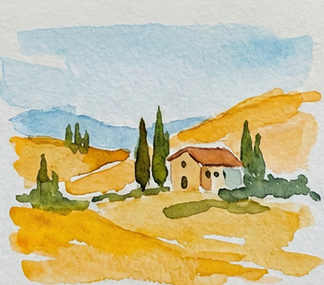 Step 3 adding the focal point with a rustic Italian villa and dark, jagged cypress trees painted in Olive Green to anchor the composition.
