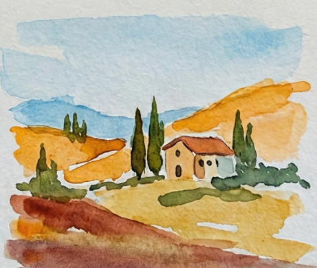 Step 4 completing the loose watercolor study with a bold, dry-brush stroke of Burnt Sienna in the foreground to add texture and ground the scene.