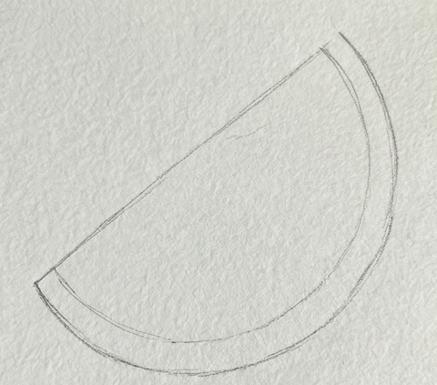 Step 1 of a watermelon watercolor painting showing a simple, loose pencil sketch of a curved slice with a parallel line for the rind on textured watercolor paper.