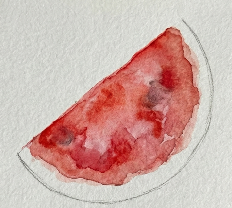 Step 2 applying a juicy, wet-on-wet wash of bright red and crimson watercolor to the flesh area, leaving the bottom curve completely unpainted.