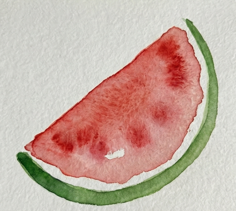 Step 3 adding a sweeping stroke of green watercolor along the bottom edge to create the rind, leaving a crisp white paper gap to represent the pith.