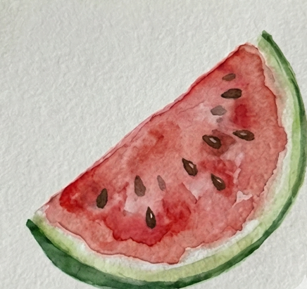 Final step completing the loose, expressive watermelon slice by painting small, dark, teardrop-shaped seeds over the dried red wash.
