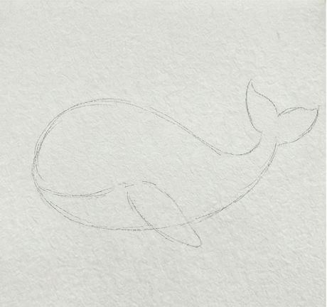 Faint pencil outline sketch of a simple whale gesture shape, the first phase of a whale watercolor painting on textured paper.
