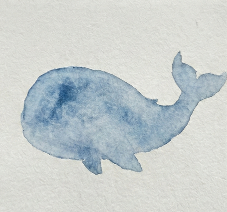 Light translucent blue-gray whale watercolor painting wash, the second phase in creating a loose, expressive sketchbook study.