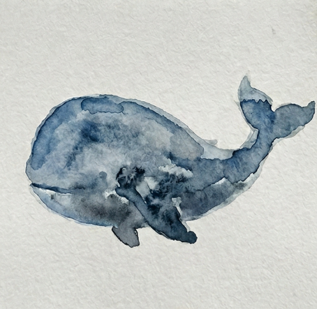 The same whale watercolor painting, now featuring darker, layered indigo-gray wet-on-wet details for depth and texture.