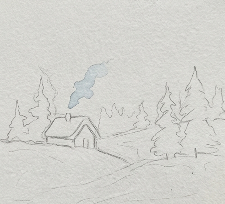 A light pencil sketch on textured watercolor paper outlines a small cabin with a thick snowy roof, surrounded by loose, triangular shapes for pine trees and a rolling horizon line.