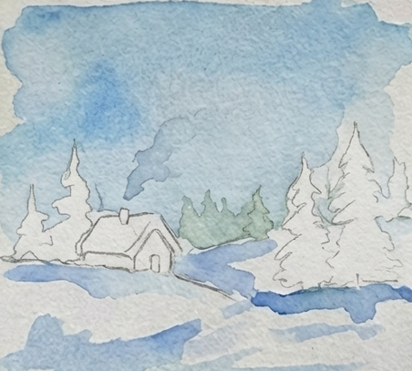 A loose blue watercolor wash fills the sky, painted around the tree and roof shapes to leave them white, while pale blue stripes are swept across the bottom to create soft snow shadows.