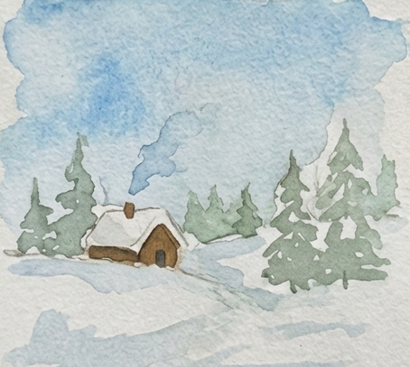 Warm brown paint defines the cabin walls, and a soft, muted green wash fills in the distant background trees, contrasting with the bright white snow on the roof and ground.