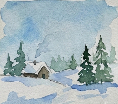 The finished winter scene features dark, cool green pine trees in the foreground, deep shadows anchoring the cabin to the snow, and a faint wisp of smoke rising from the chimney.